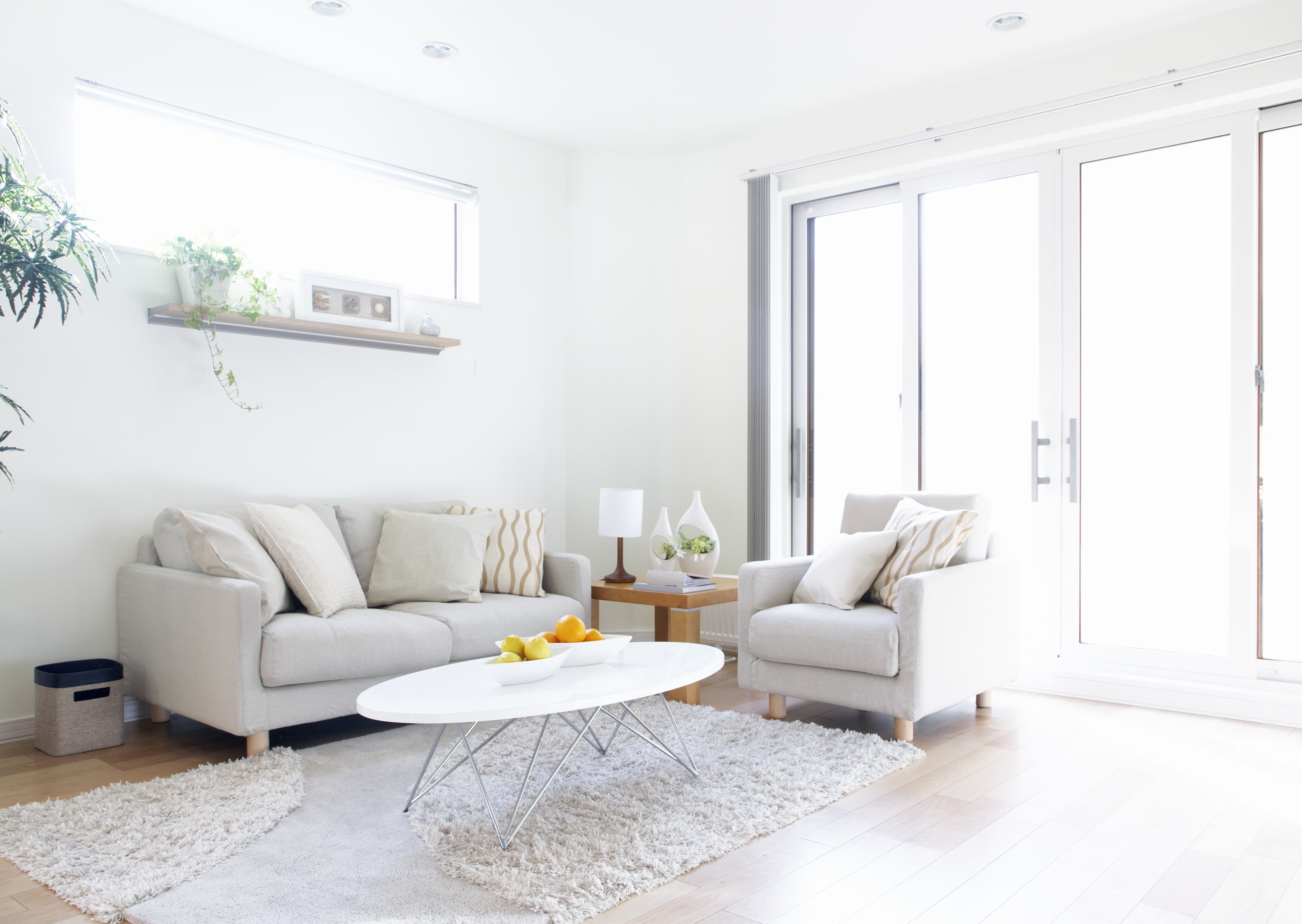 Bright modern living room flooded with natural light through large clean windows